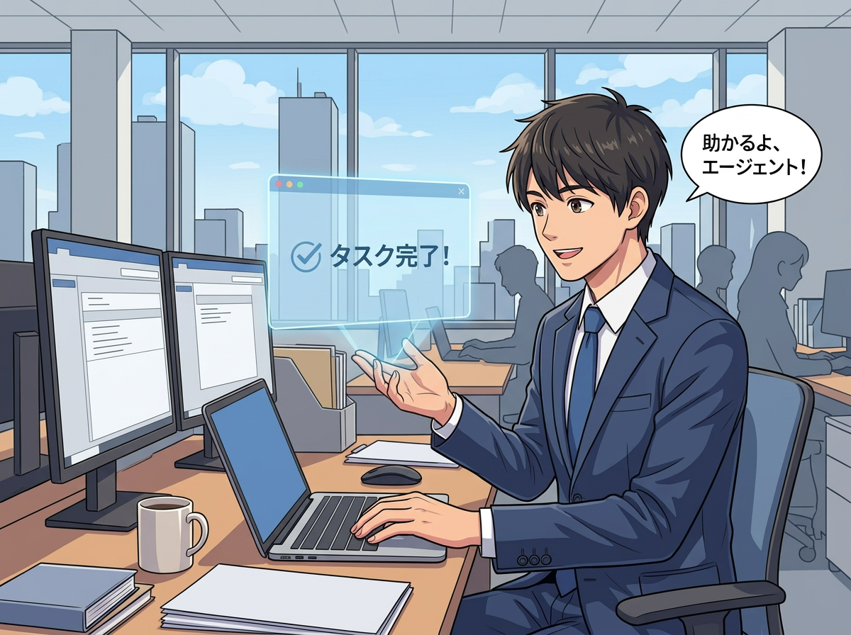 Office worker with AI robot; text reads 「タスク完了！」「提案」「OK!」「助かるよ、エージェント！」